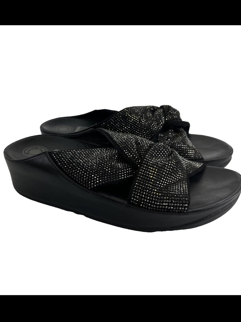 FitFlop Twist Crystal Slide Sandal Wedge SlipOn Black R44-001 Bling Glam Women 9